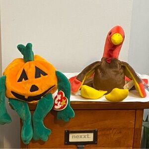 Ty Plush Pumpkin and Turkey Set - Orange, Green, Brown